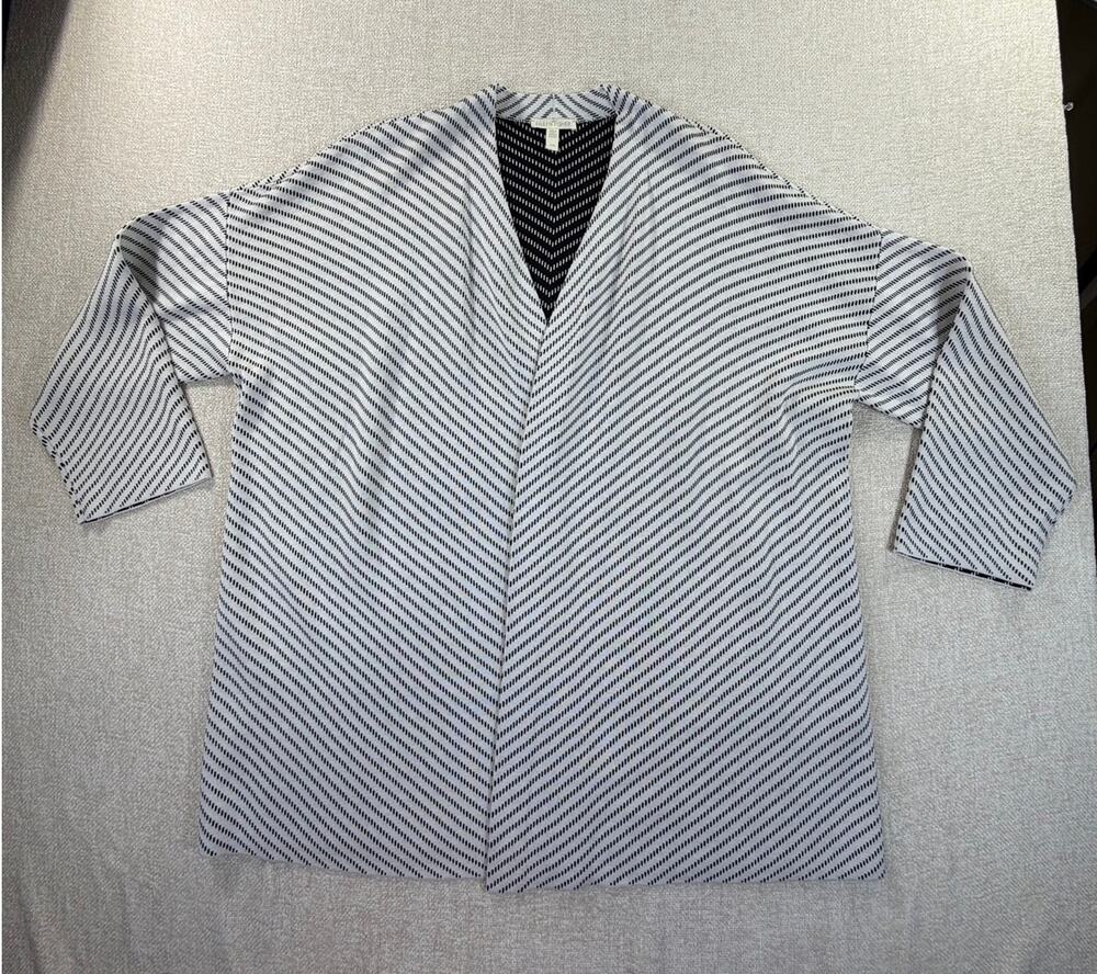Eileen Fisher Women L Black White Silk Blend Open Front Striped Cardigan
